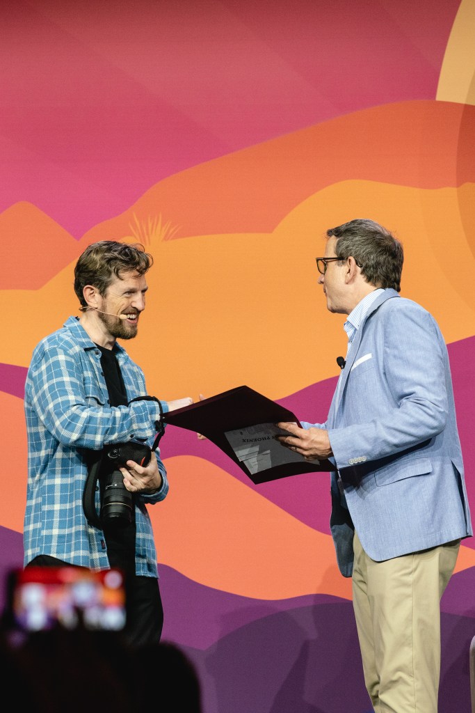 Michael Hammett presenting the WordPress Day proclamation to Matt Mullenweg