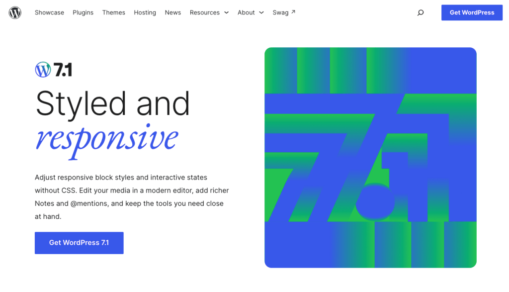 Screenshot of the WordPress 7.1 release site.