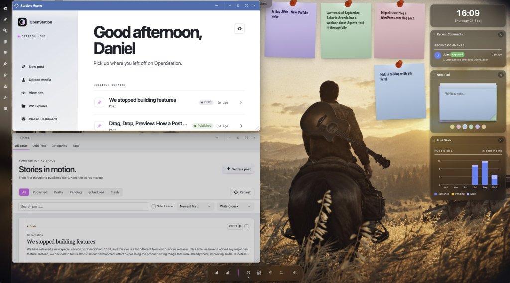A digital workspace interface displaying various applications, including a note-taking feature, recent comments section, and post statistics, alongside a scenic background featuring a rider on horseback in a vast landscape.