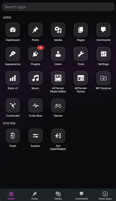 A digital interface displaying a grid of application icons with sections for apps and system tools, including options for dashboard, posts, media, and settings.
