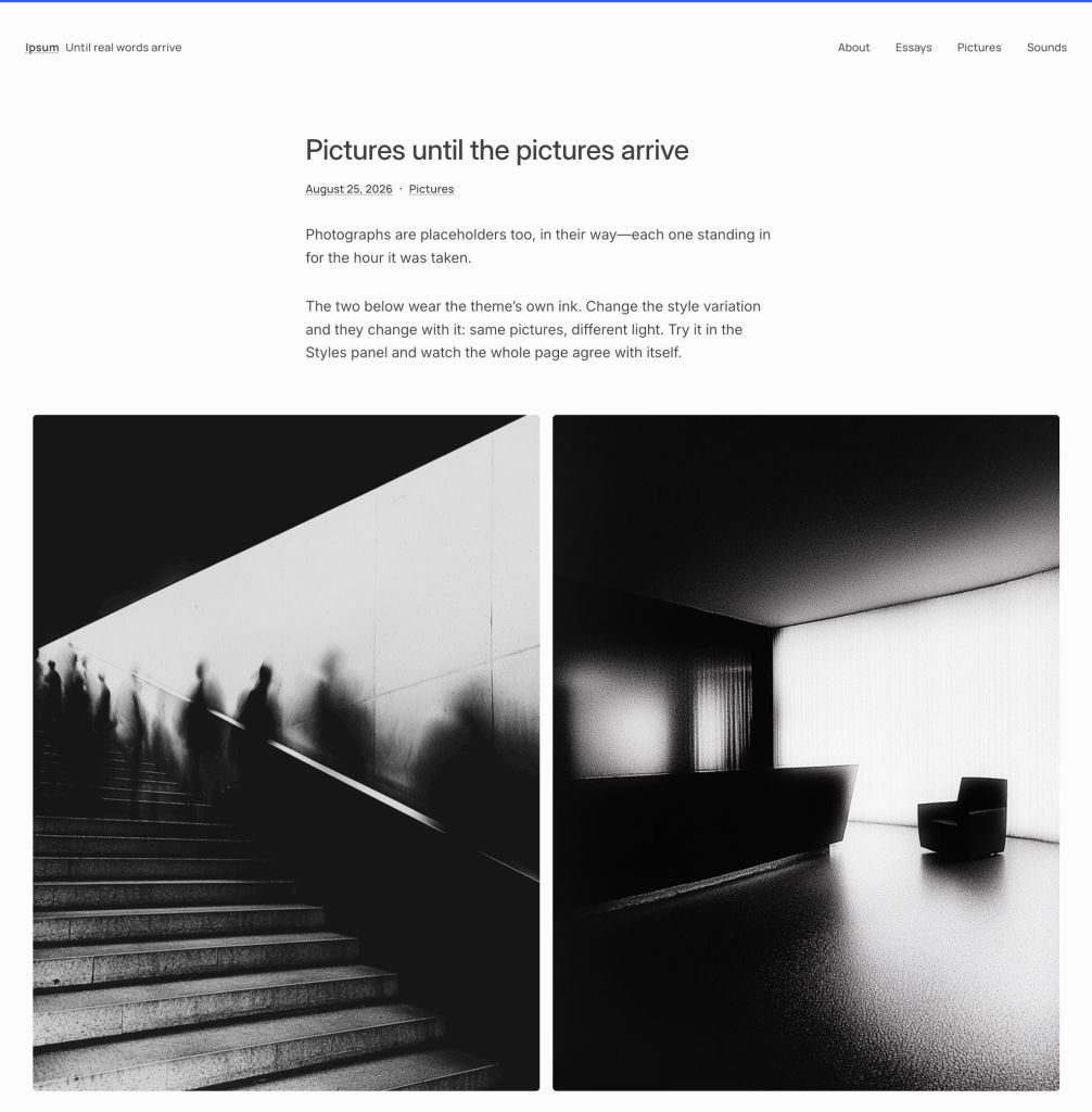 Screenshot of the Ipsum WordPress theme single post demo, including a Gallery block demo.