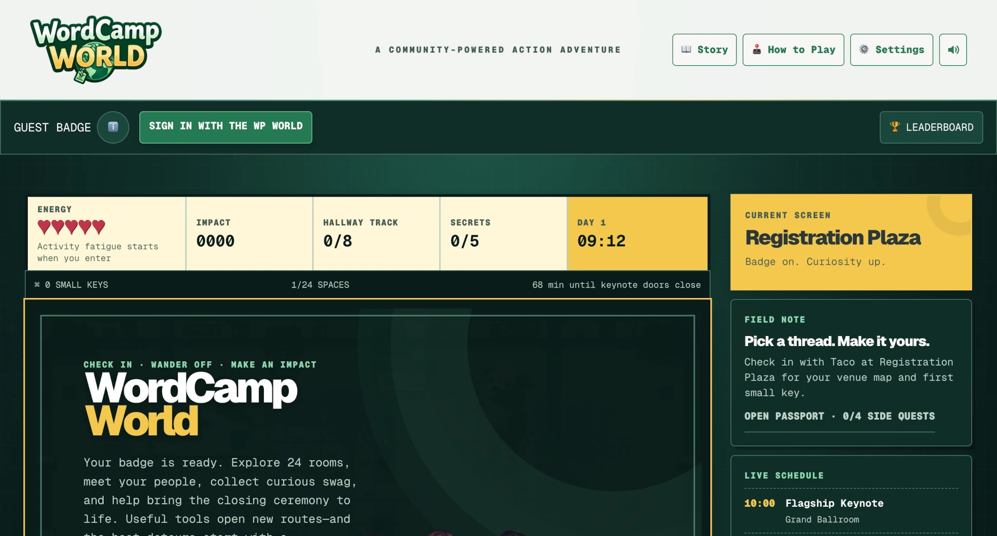 Screenshot of a game called WordCamp World with various controls and instructions for playing the game.