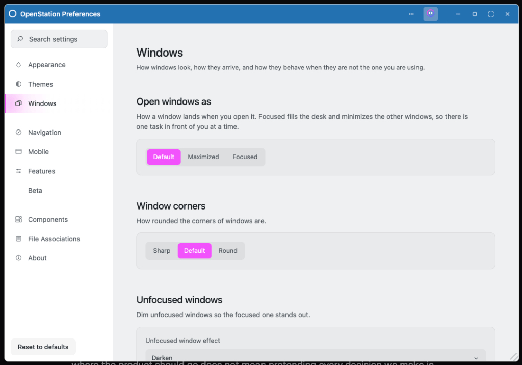 OpenStation Preferences interface displaying settings for window appearance and behavior, including options for window focus, corners, and dimming effects.