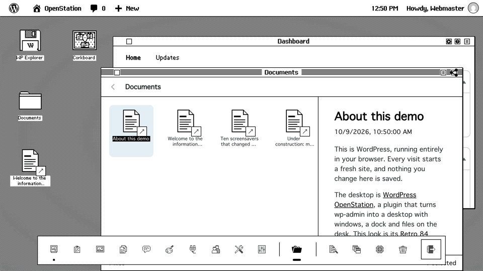 wp-admin with the Retro 84 theme in black and white: previewing documents on the desk and writing a new post titled Hello from 1984.