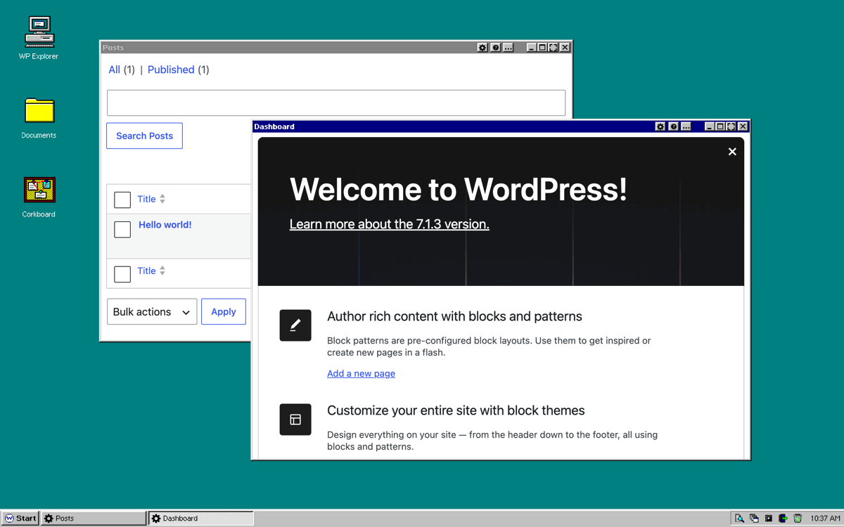 The same wp-admin desktop, with the same windows open, switching between a 1995 look (teal desk, grey windows, a taskbar) and a 1984 look in black and white.