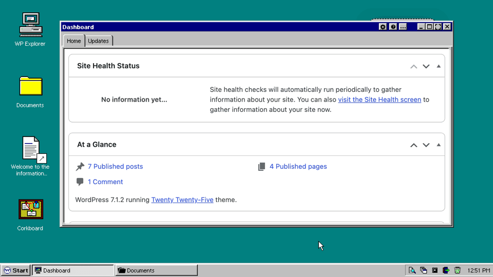wp-admin with the Retro 95 theme: opening Posts from the Start menu and writing a new post titled Hello from 1995.